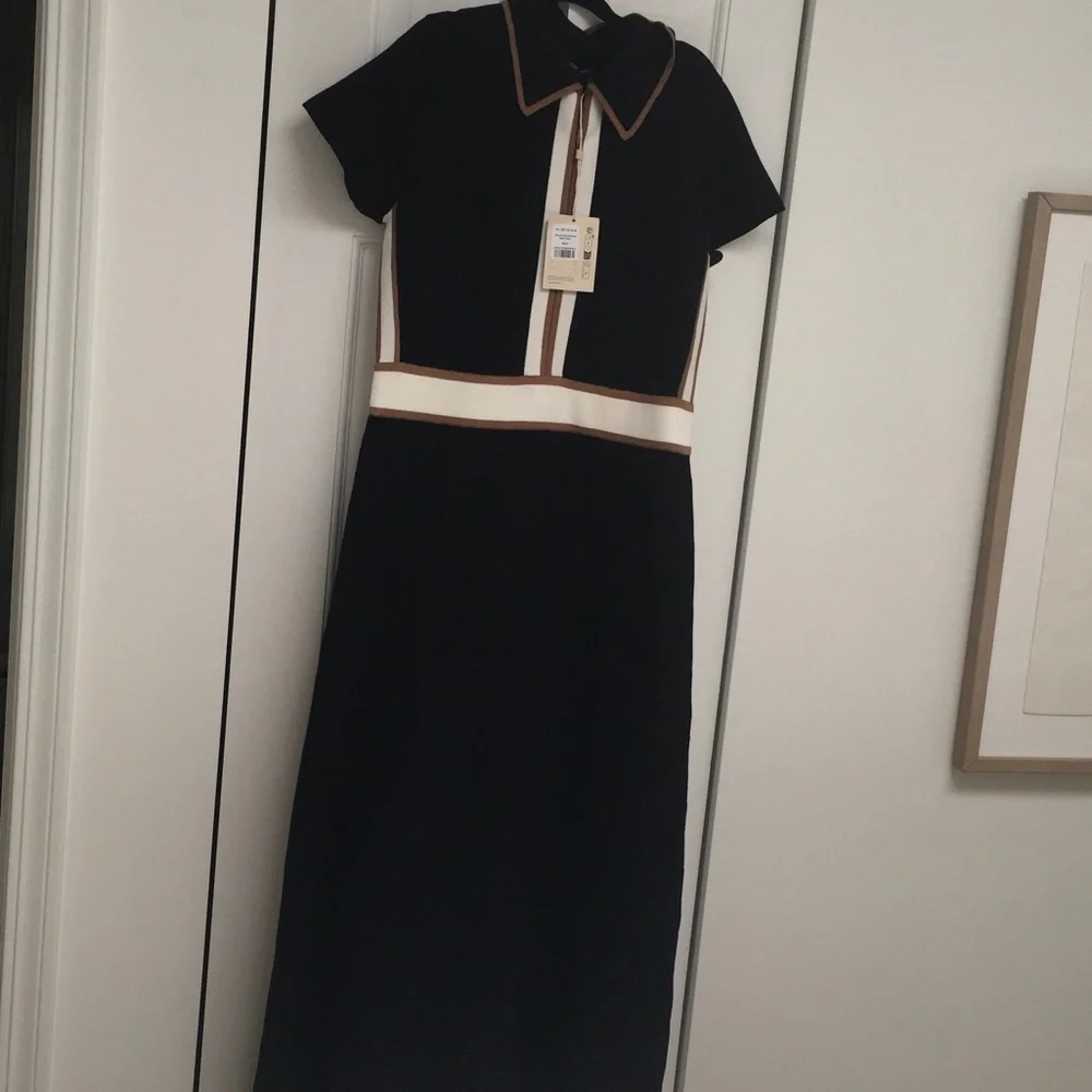 NWT! ME+EM Collared Contrast-Stripe Merino Wool-Blend Maxi Dress - Picture 1 of 6